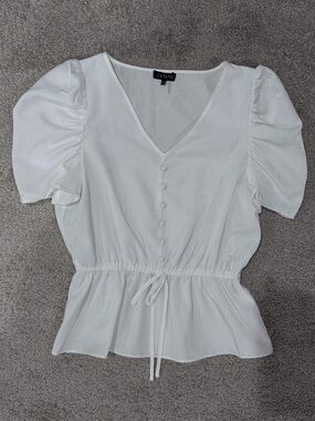 1. State White Puff-Sleeve Button Front Peplum Blouse